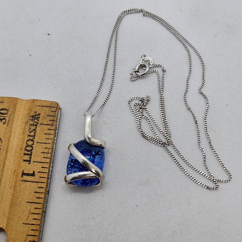 20" Sterling Silver Box Chain with Blue Glass Pendant Necklace 925